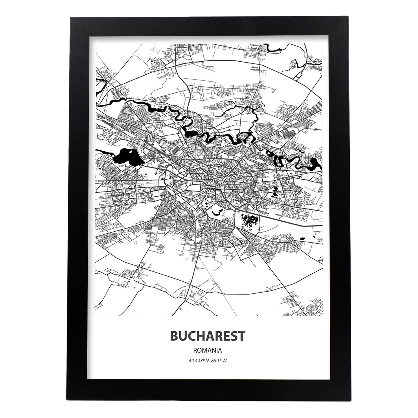 Poster con mapa de Bucharest - Rumania. Láminas de ciudades de Europa con mares y ríos en color negro.-Artwork-Nacnic-A3-Marco Negro-Nacnic Estudio SL