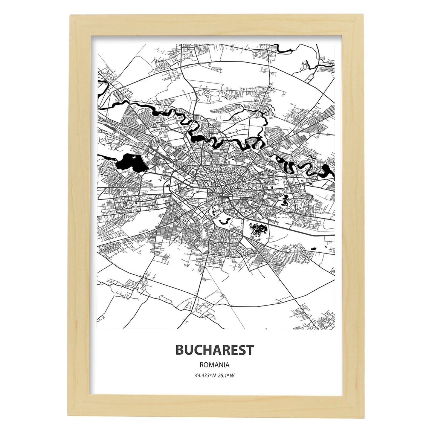 Poster con mapa de Bucharest - Rumania. Láminas de ciudades de Europa con mares y ríos en color negro.-Artwork-Nacnic-A4-Marco Madera clara-Nacnic Estudio SL