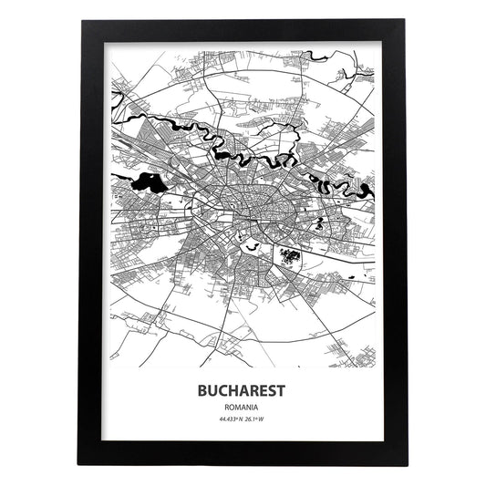 Poster con mapa de Bucharest - Rumania. Láminas de ciudades de Europa con mares y ríos en color negro.-Artwork-Nacnic-A4-Marco Negro-Nacnic Estudio SL