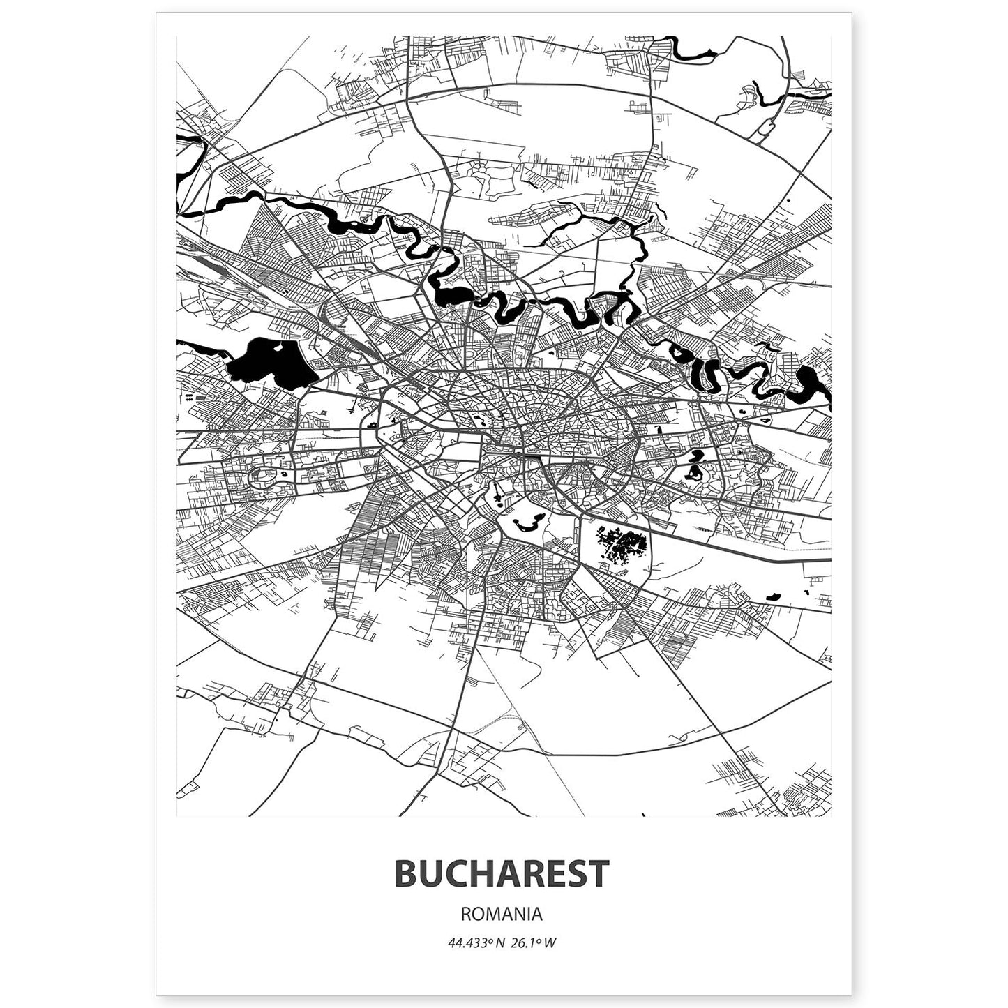 Poster con mapa de Bucharest - Rumania. Láminas de ciudades de Europa con mares y ríos en color negro.-Artwork-Nacnic-A4-Sin marco-Nacnic Estudio SL