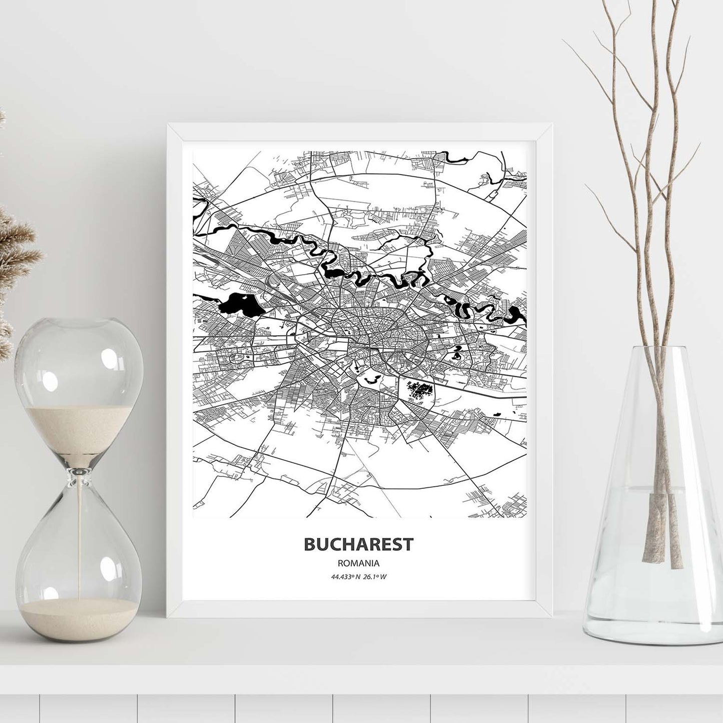 Poster con mapa de Bucharest - Rumania. Láminas de ciudades de Europa con mares y ríos en color negro.-Artwork-Nacnic-Nacnic Estudio SL
