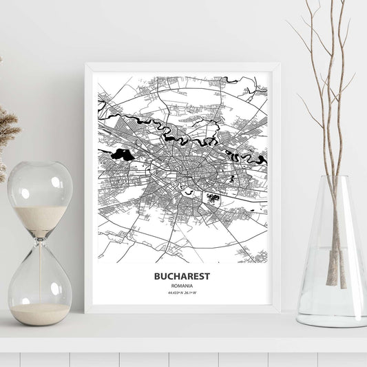 Poster con mapa de Bucharest - Rumania. Láminas de ciudades de Europa con mares y ríos en color negro.-Artwork-Nacnic-Nacnic Estudio SL