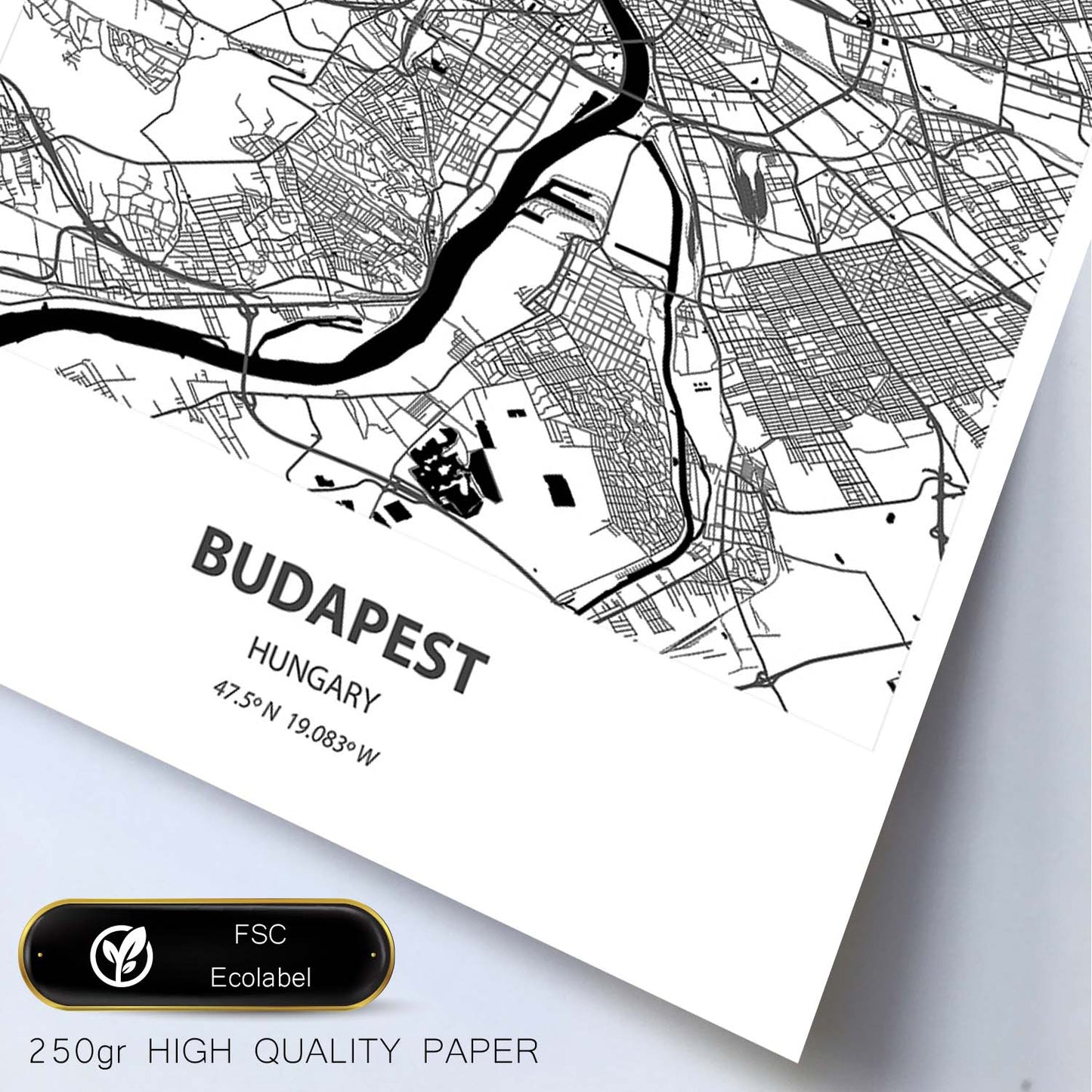 Poster con mapa de Budapest - Hungria. Láminas de ciudades de Europa con mares y ríos en color negro.-Artwork-Nacnic-Nacnic Estudio SL