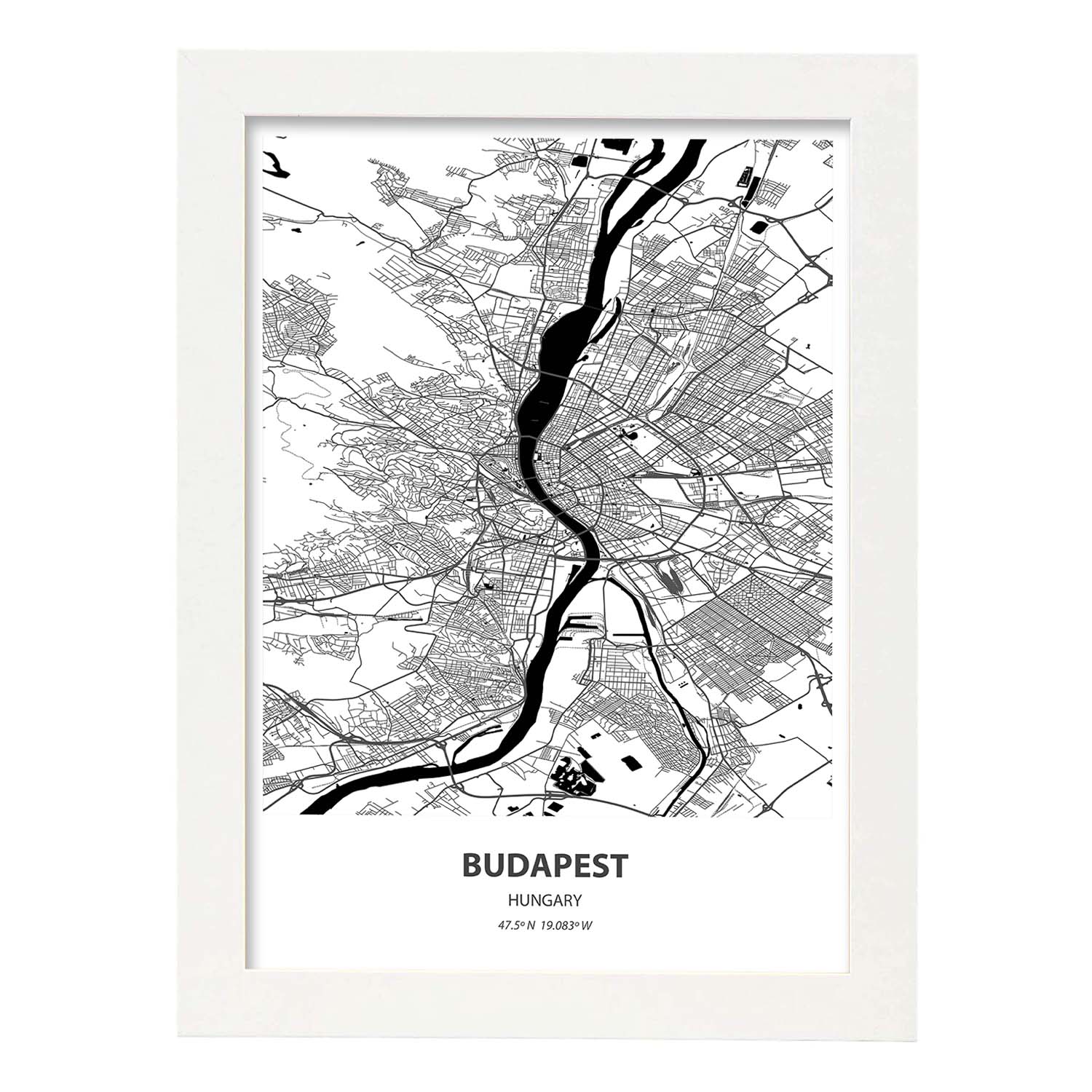 Poster con mapa de Budapest - Hungria. Láminas de ciudades de Europa con mares y ríos en color negro.-Artwork-Nacnic-A3-Marco Blanco-Nacnic Estudio SL