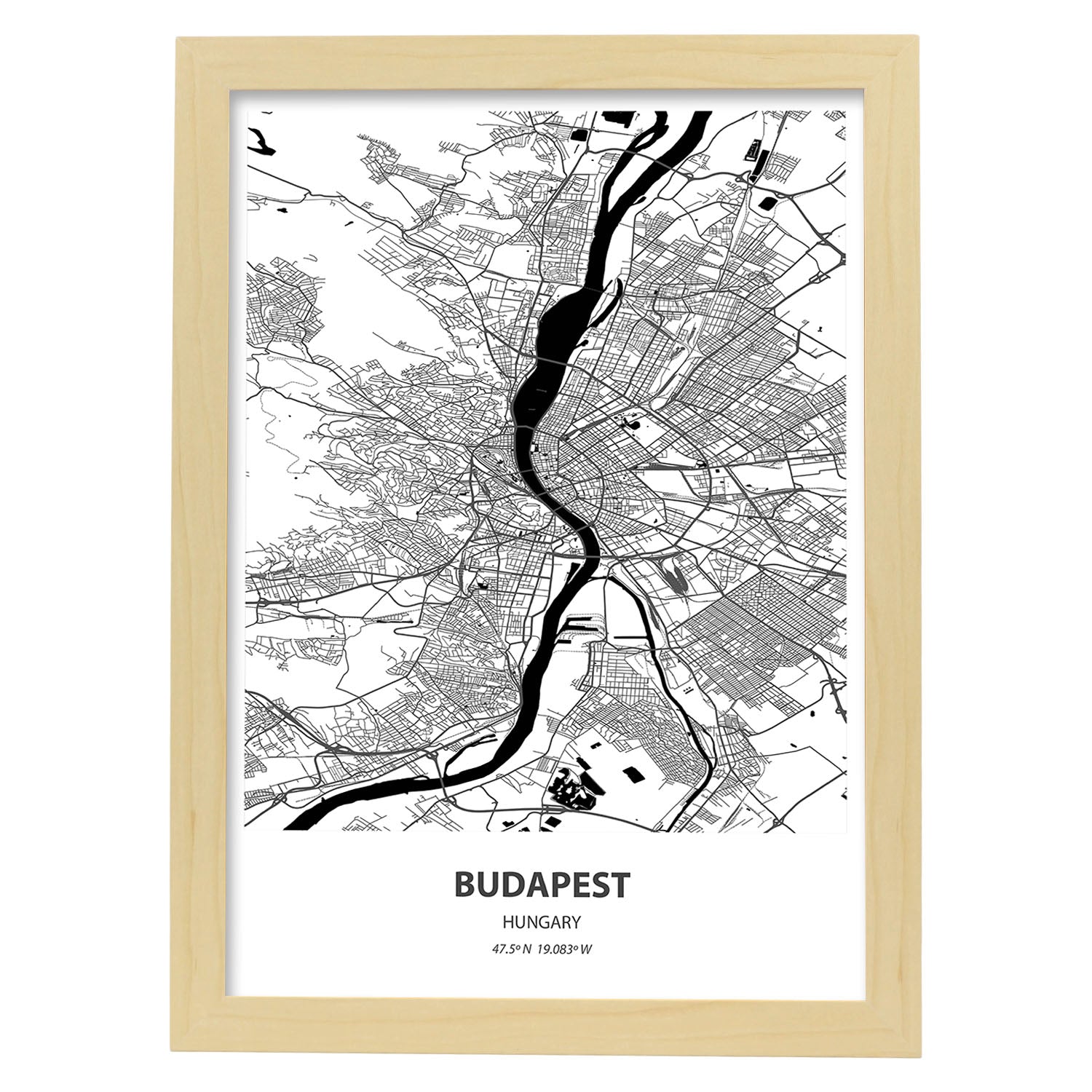 Poster con mapa de Budapest - Hungria. Láminas de ciudades de Europa con mares y ríos en color negro.-Artwork-Nacnic-A3-Marco Madera clara-Nacnic Estudio SL