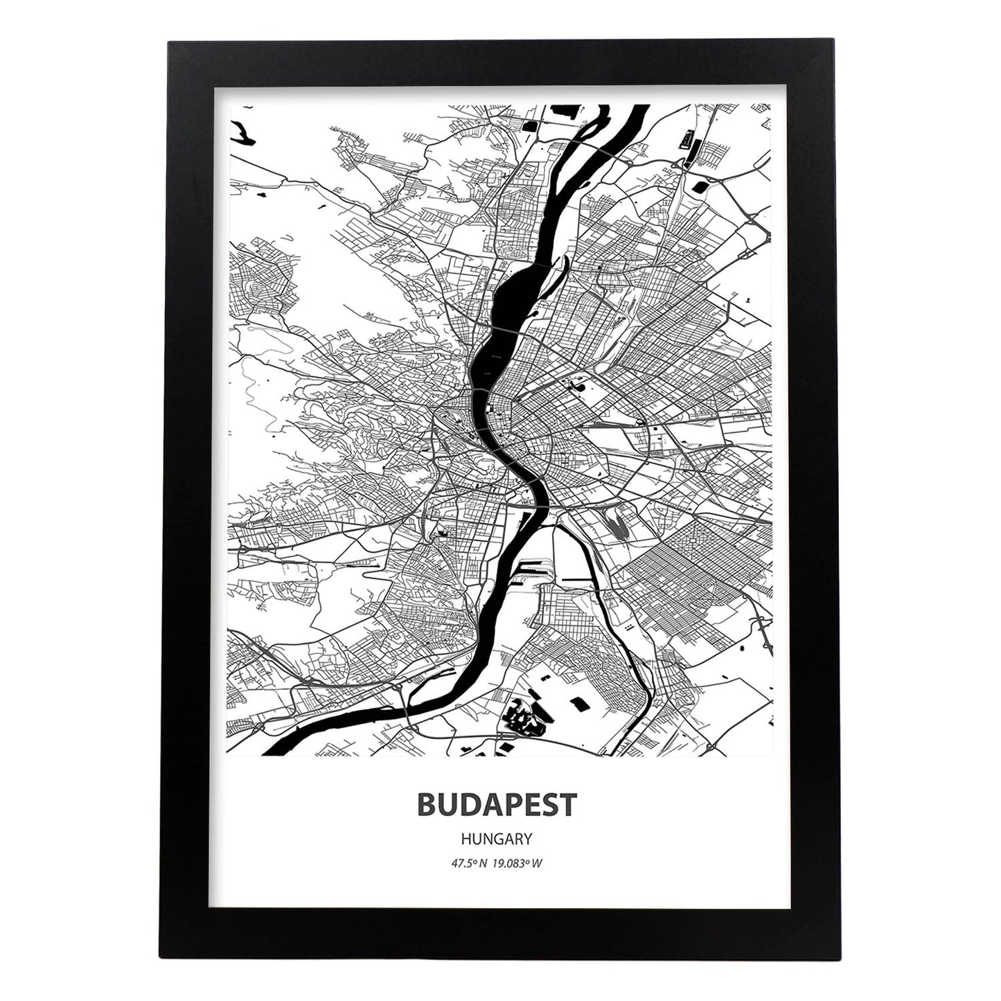 Poster con mapa de Budapest - Hungria. Láminas de ciudades de Europa con mares y ríos en color negro.-Artwork-Nacnic-A3-Marco Negro-Nacnic Estudio SL