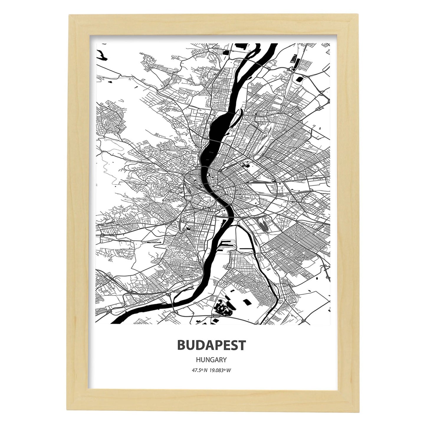 Poster con mapa de Budapest - Hungria. Láminas de ciudades de Europa con mares y ríos en color negro.-Artwork-Nacnic-A4-Marco Madera clara-Nacnic Estudio SL