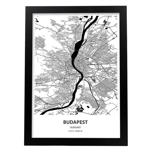 Poster con mapa de Budapest - Hungria. Láminas de ciudades de Europa con mares y ríos en color negro.-Artwork-Nacnic-A4-Marco Negro-Nacnic Estudio SL