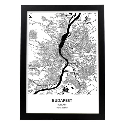 Poster con mapa de Budapest - Hungria. Láminas de ciudades de Europa con mares y ríos en color negro.-Artwork-Nacnic-A4-Marco Negro-Nacnic Estudio SL