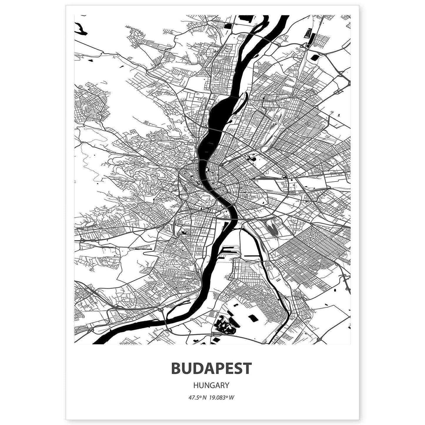 Poster con mapa de Budapest - Hungria. Láminas de ciudades de Europa con mares y ríos en color negro.-Artwork-Nacnic-A4-Sin marco-Nacnic Estudio SL