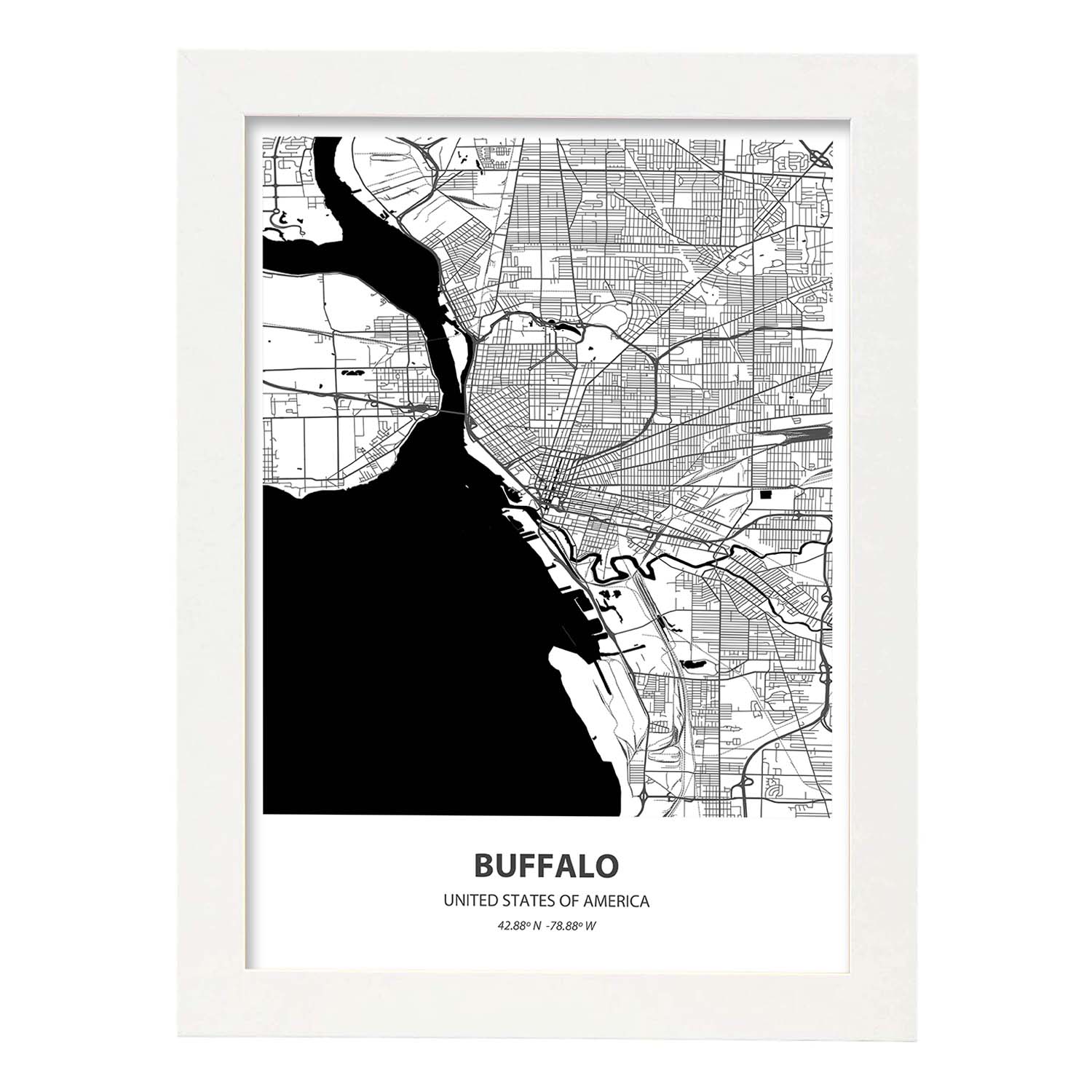 Poster con mapa de Buffalo - USA. Láminas de ciudades de Estados Unidos con mares y ríos en color negro.-Artwork-Nacnic-A3-Marco Blanco-Nacnic Estudio SL