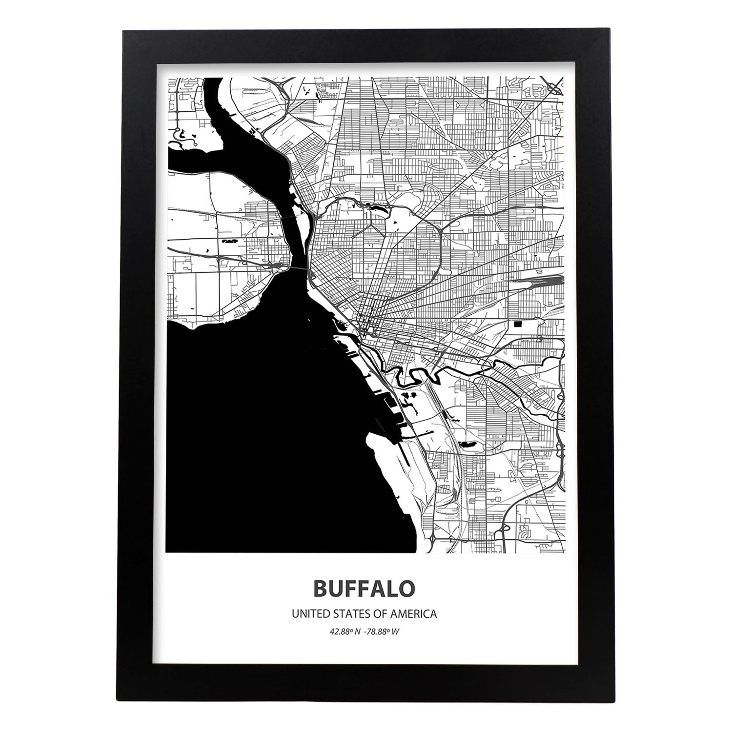 Poster con mapa de Buffalo - USA. Láminas de ciudades de Estados Unidos con mares y ríos en color negro.-Artwork-Nacnic-A3-Marco Negro-Nacnic Estudio SL