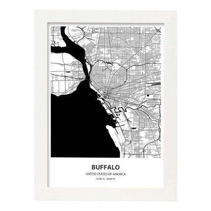 Poster con mapa de Buffalo - USA. Láminas de ciudades de Estados Unidos con mares y ríos en color negro.-Artwork-Nacnic-A4-Marco Blanco-Nacnic Estudio SL
