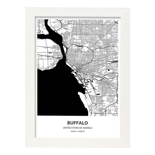 Poster con mapa de Buffalo - USA. Láminas de ciudades de Estados Unidos con mares y ríos en color negro.-Artwork-Nacnic-A4-Marco Blanco-Nacnic Estudio SL