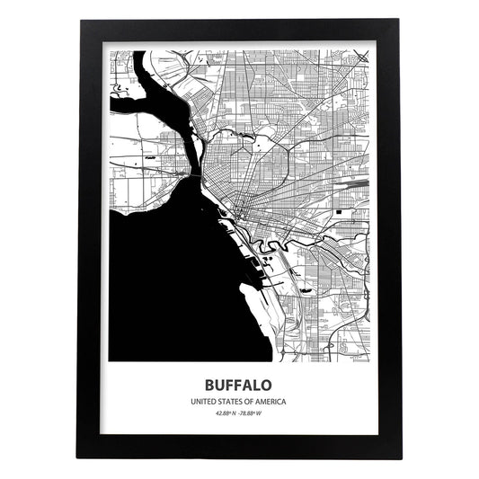Poster con mapa de Buffalo - USA. Láminas de ciudades de Estados Unidos con mares y ríos en color negro.-Artwork-Nacnic-A4-Marco Negro-Nacnic Estudio SL