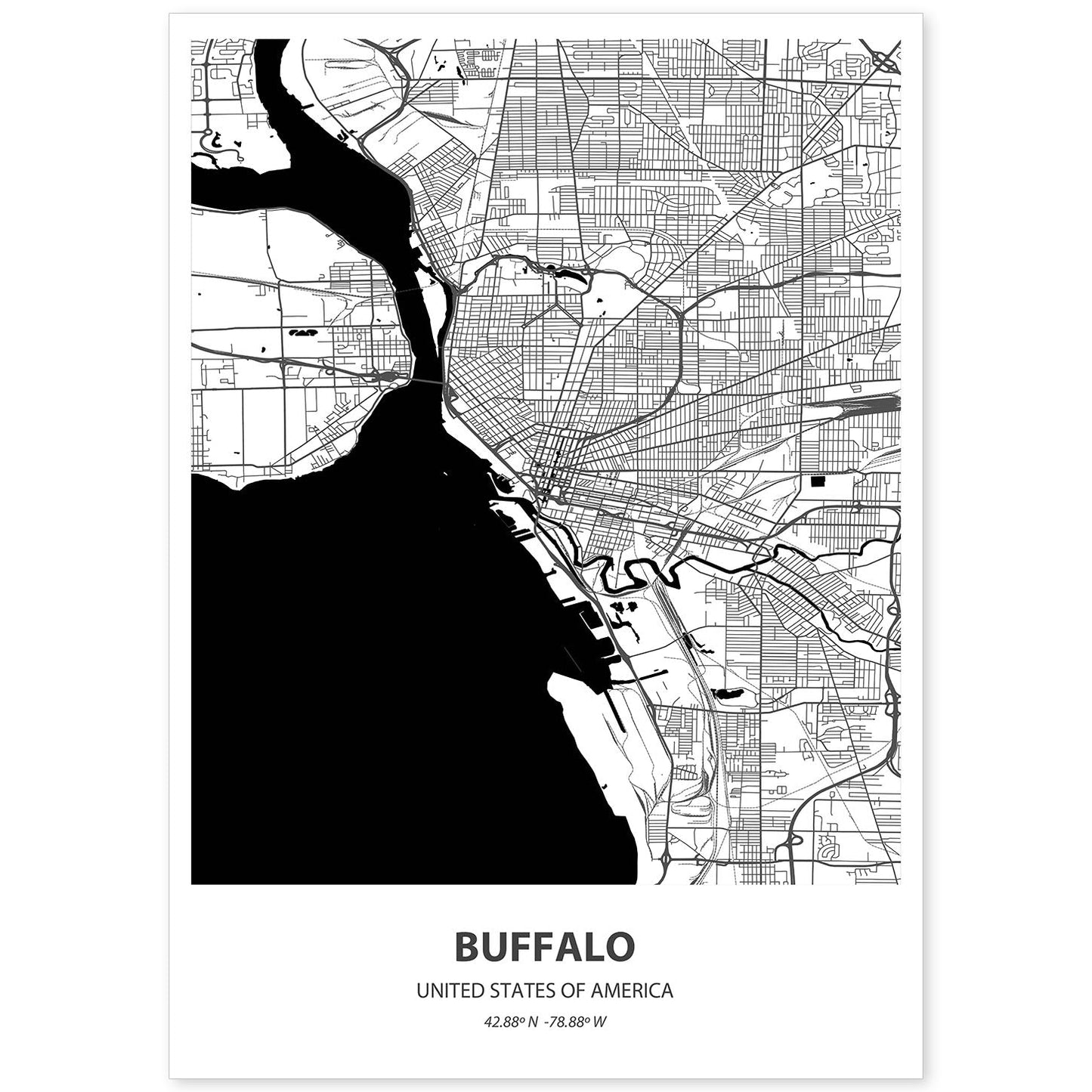Poster con mapa de Buffalo - USA. Láminas de ciudades de Estados Unidos con mares y ríos en color negro.-Artwork-Nacnic-A4-Sin marco-Nacnic Estudio SL