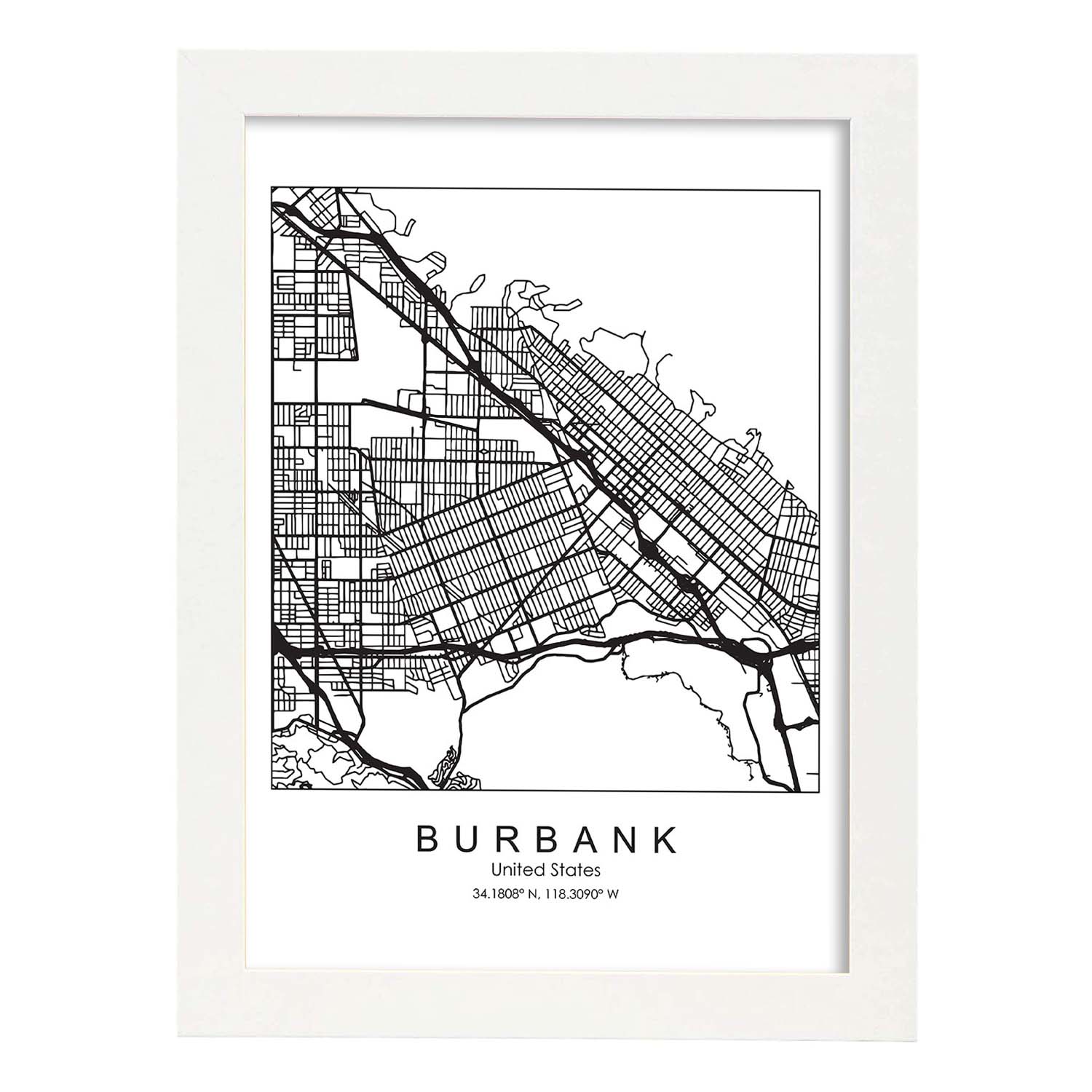 Poster con mapa de Burbank. Lámina de Estados Unidos, con imágenes de mapas y carreteras-Artwork-Nacnic-A3-Marco Blanco-Nacnic Estudio SL