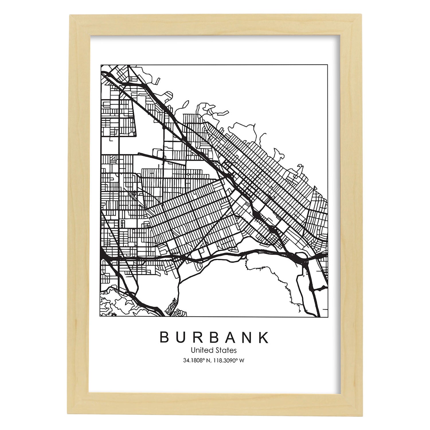 Poster con mapa de Burbank. Lámina de Estados Unidos, con imágenes de mapas y carreteras-Artwork-Nacnic-A3-Marco Madera clara-Nacnic Estudio SL