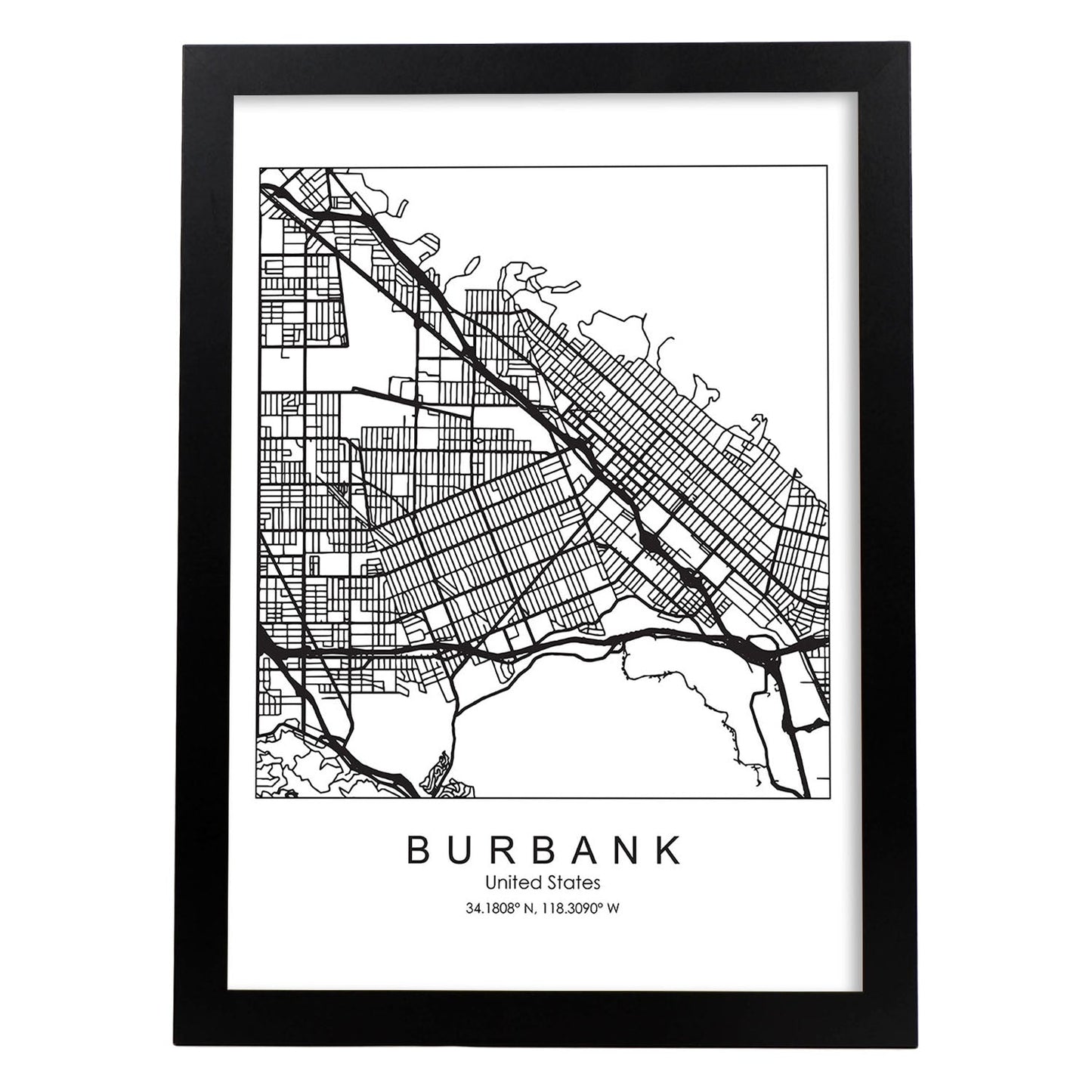 Poster con mapa de Burbank. Lámina de Estados Unidos, con imágenes de mapas y carreteras-Artwork-Nacnic-A3-Marco Negro-Nacnic Estudio SL
