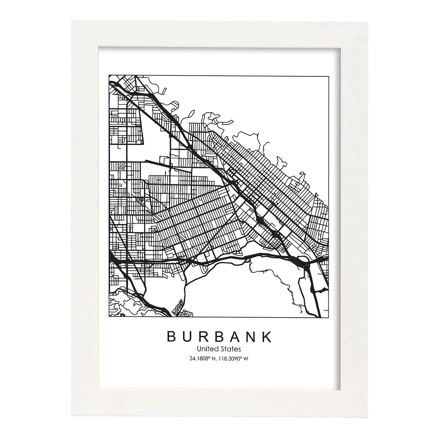 Poster con mapa de Burbank. Lámina de Estados Unidos, con imágenes de mapas y carreteras-Artwork-Nacnic-A4-Marco Blanco-Nacnic Estudio SL