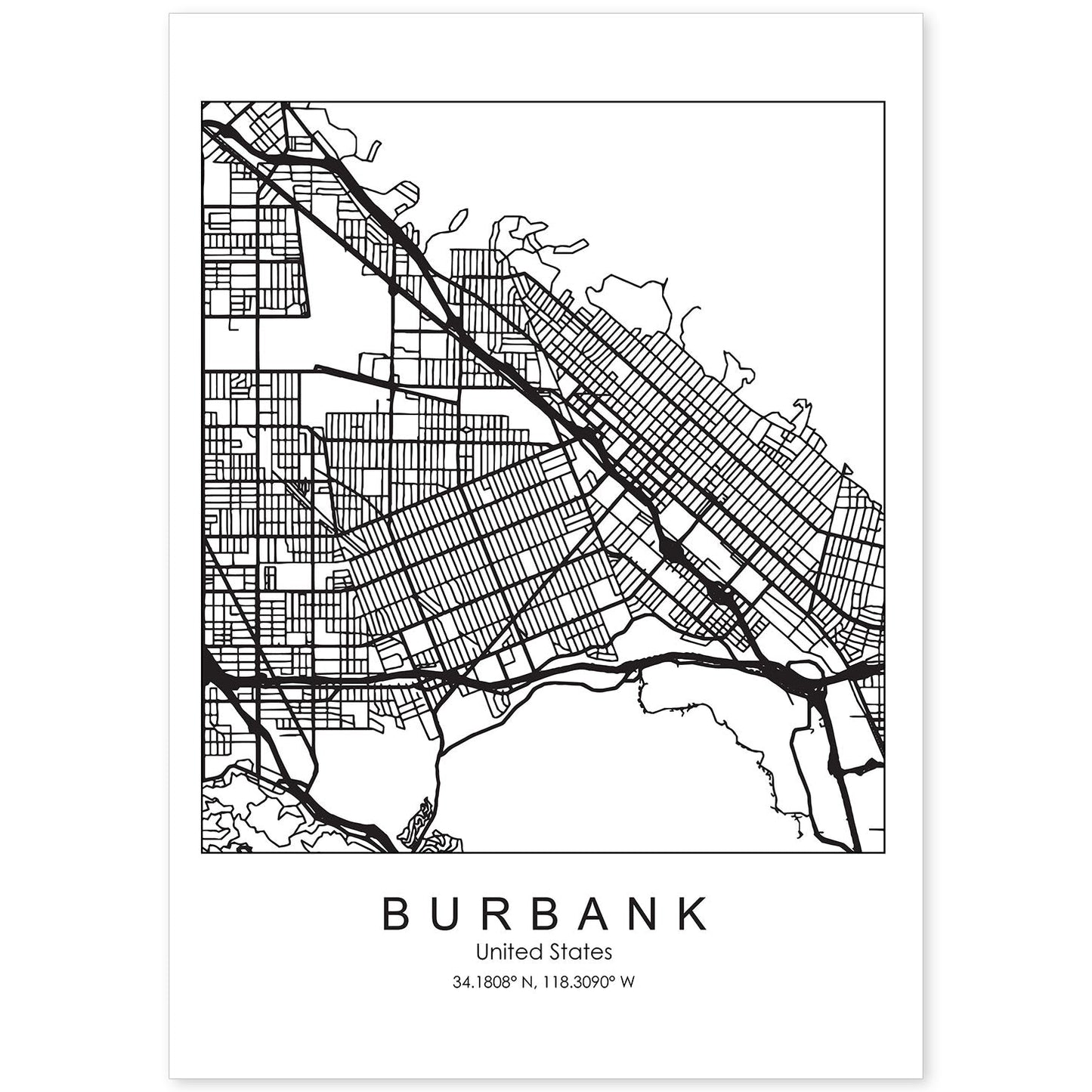 Poster con mapa de Burbank. Lámina de Estados Unidos, con imágenes de mapas y carreteras-Artwork-Nacnic-A4-Sin marco-Nacnic Estudio SL