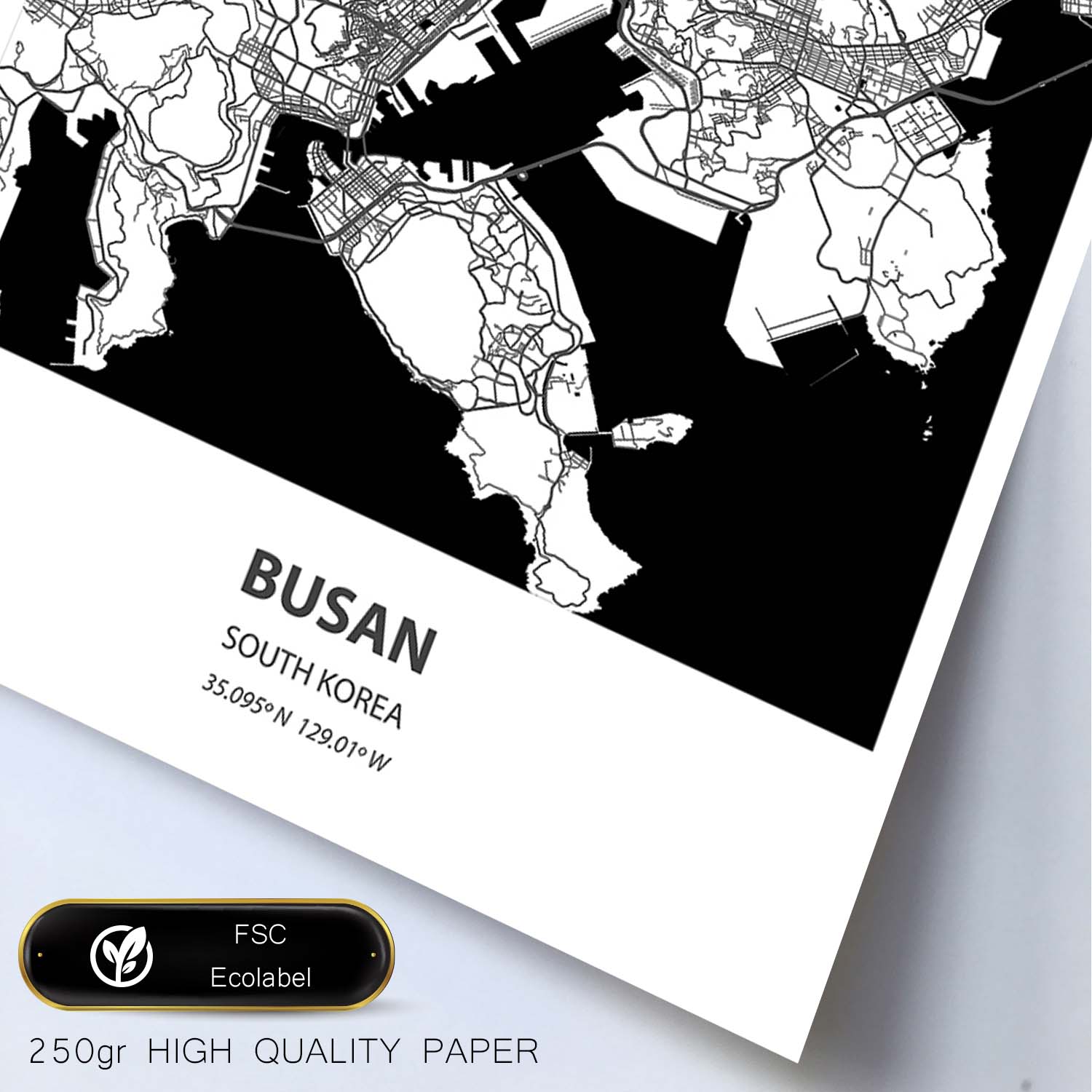 Poster con mapa de Busan - Corea del Sur. Láminas de ciudades de Asia con mares y ríos en color negro.-Artwork-Nacnic-Nacnic Estudio SL