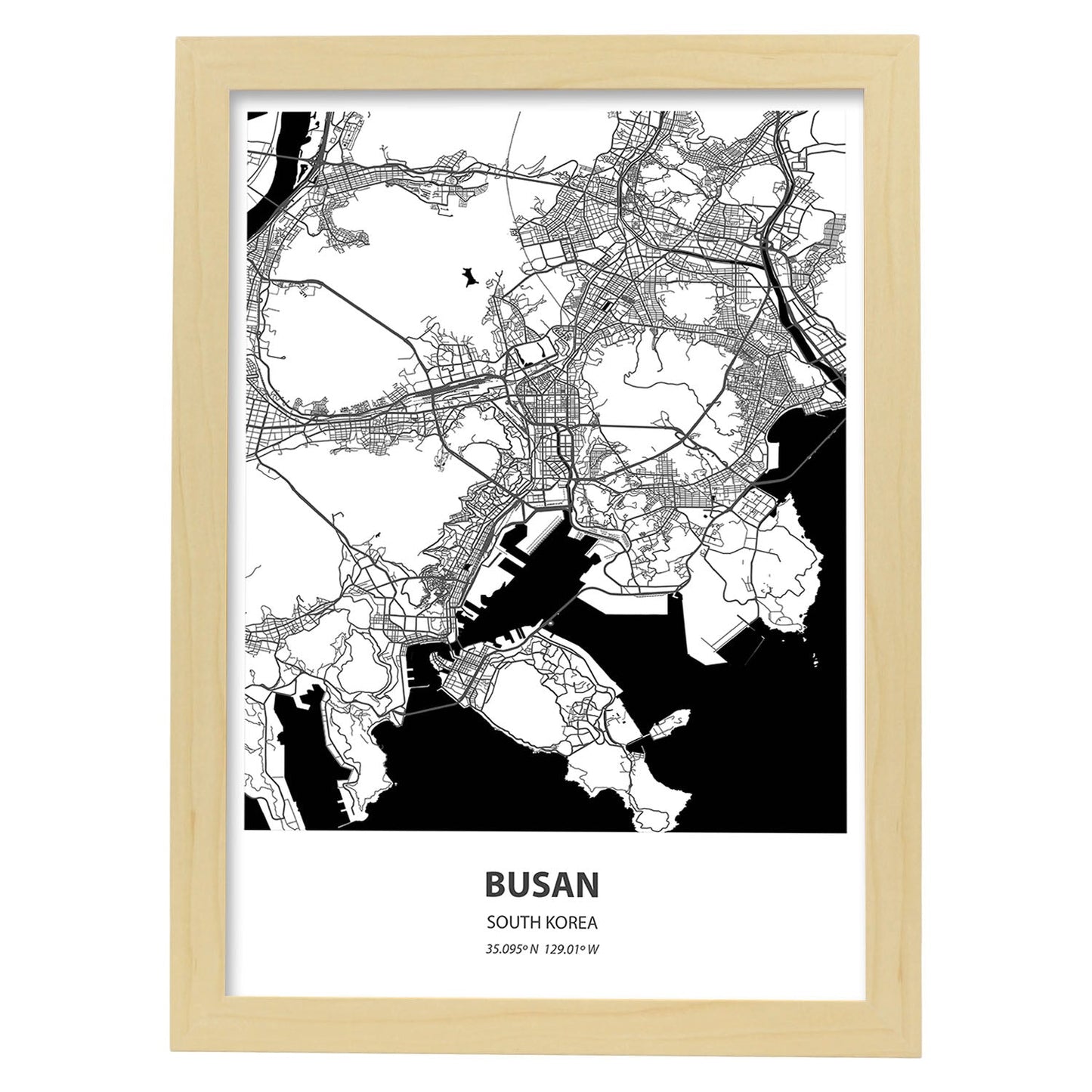 Poster con mapa de Busan - Corea del Sur. Láminas de ciudades de Asia con mares y ríos en color negro.-Artwork-Nacnic-A3-Marco Madera clara-Nacnic Estudio SL
