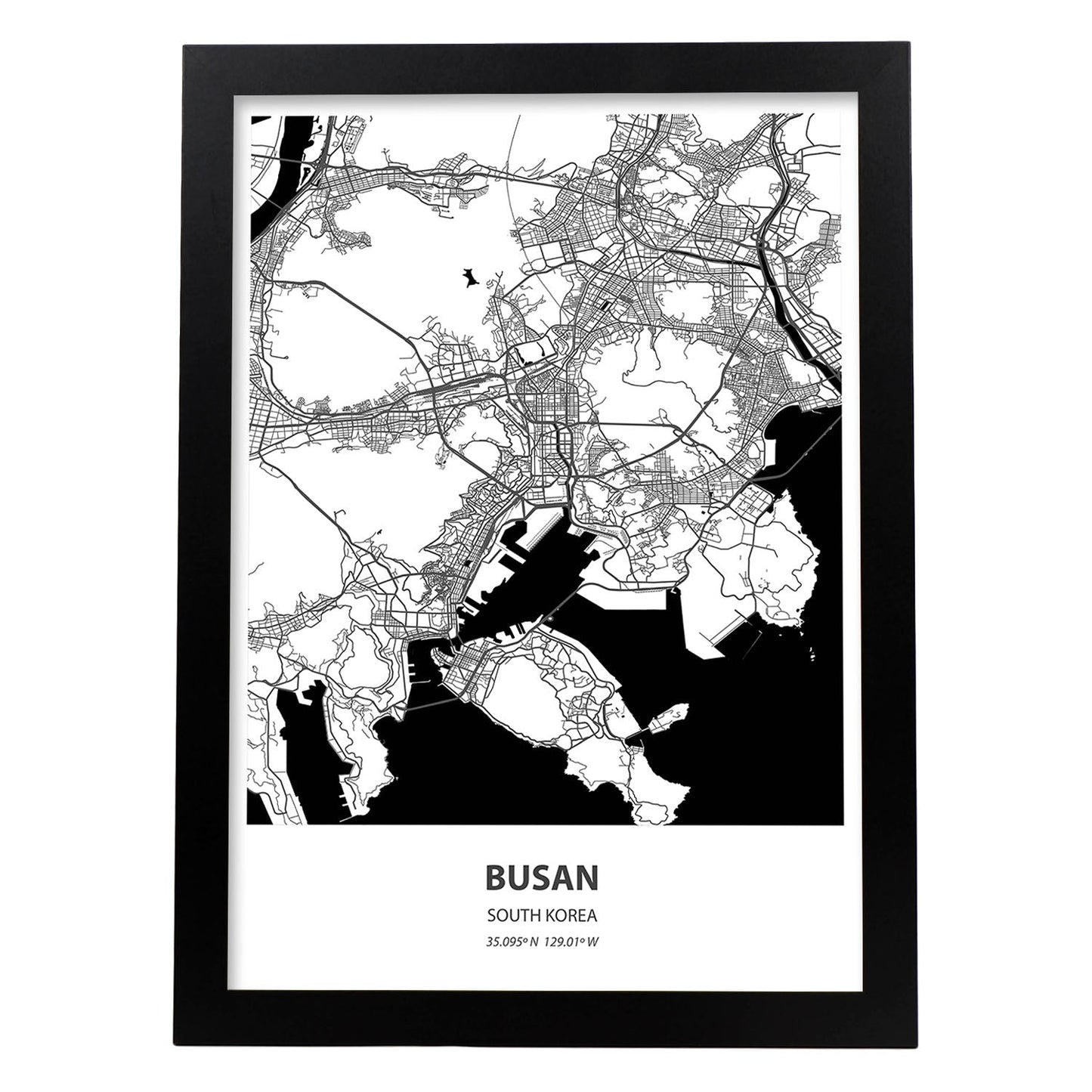 Poster con mapa de Busan - Corea del Sur. Láminas de ciudades de Asia con mares y ríos en color negro.-Artwork-Nacnic-A3-Marco Negro-Nacnic Estudio SL