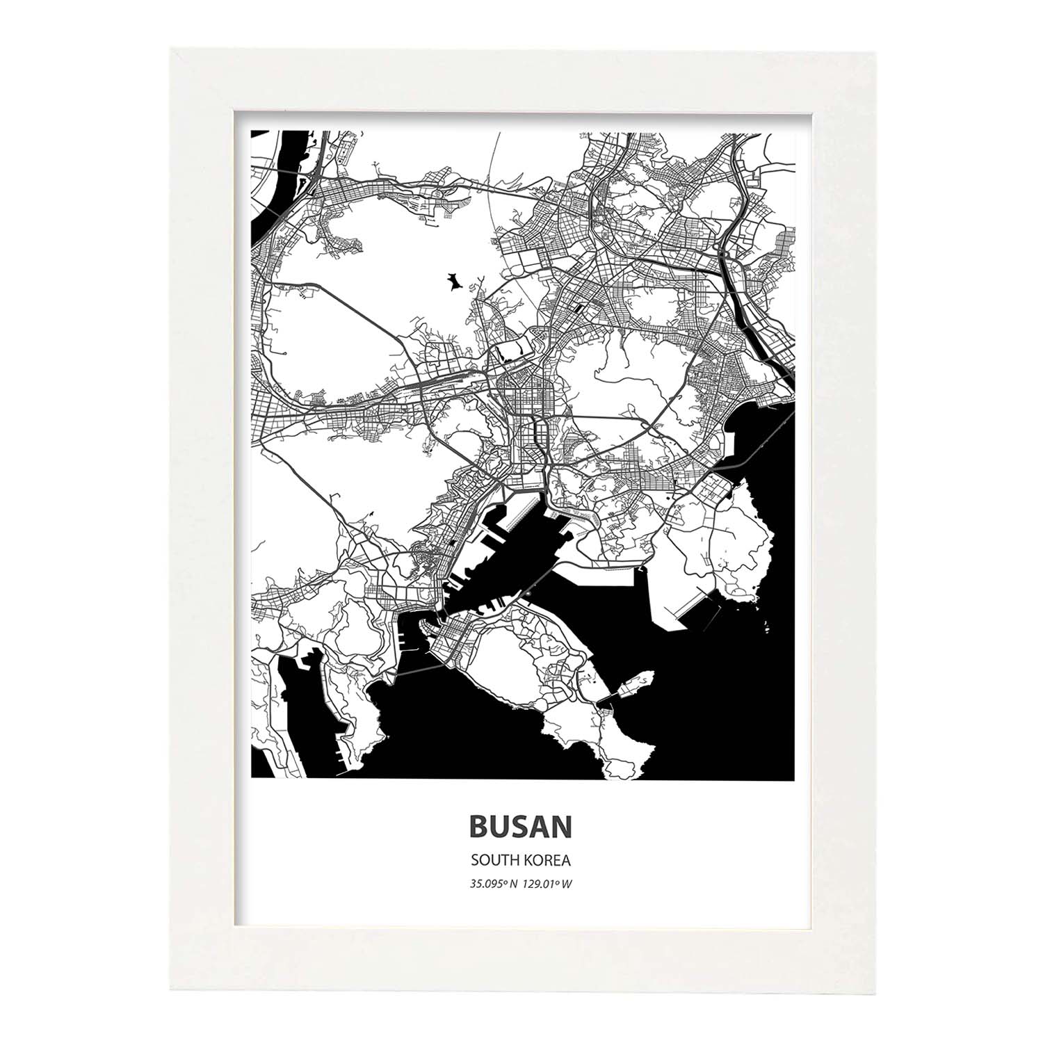 Poster con mapa de Busan - Corea del Sur. Láminas de ciudades de Asia con mares y ríos en color negro.-Artwork-Nacnic-A4-Marco Blanco-Nacnic Estudio SL