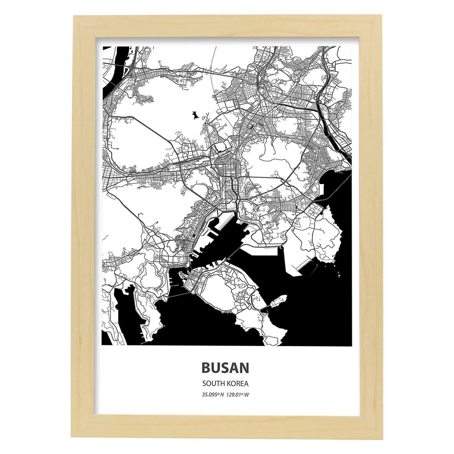 Poster con mapa de Busan - Corea del Sur. Láminas de ciudades de Asia con mares y ríos en color negro.-Artwork-Nacnic-A4-Marco Madera clara-Nacnic Estudio SL
