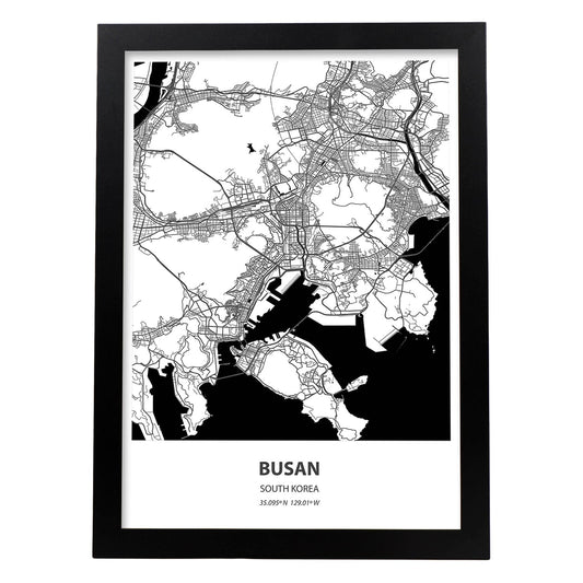 Poster con mapa de Busan - Corea del Sur. Láminas de ciudades de Asia con mares y ríos en color negro.-Artwork-Nacnic-A4-Marco Negro-Nacnic Estudio SL