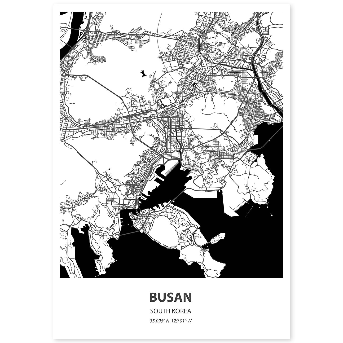 Poster con mapa de Busan - Corea del Sur. Láminas de ciudades de Asia con mares y ríos en color negro.-Artwork-Nacnic-A4-Sin marco-Nacnic Estudio SL