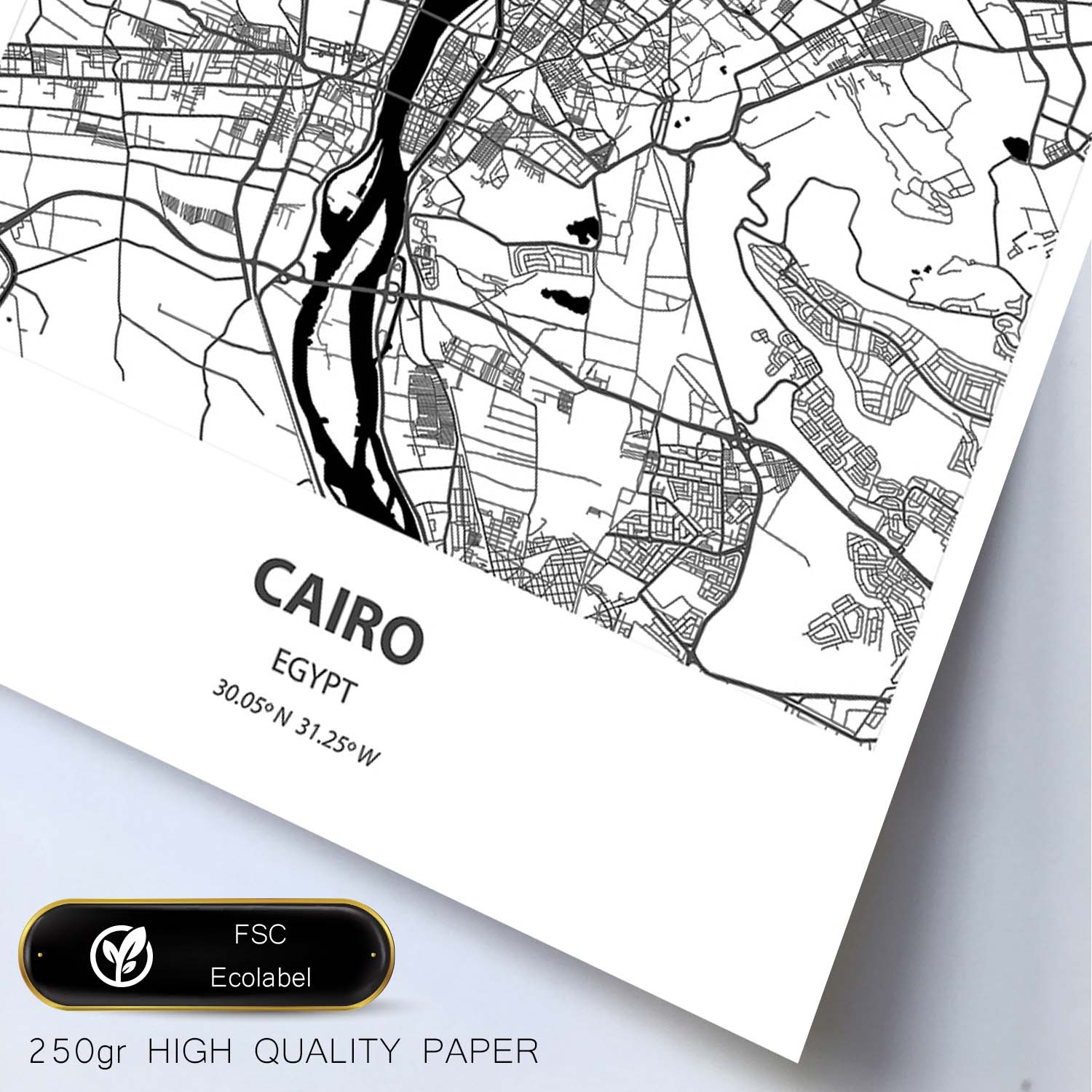 Poster con mapa de Cairo - Egipto. Láminas de ciudades de África con mares y ríos en color negro.-Artwork-Nacnic-Nacnic Estudio SL