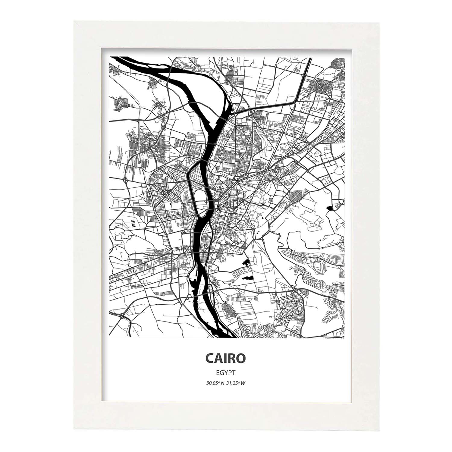 Poster con mapa de Cairo - Egipto. Láminas de ciudades de África con mares y ríos en color negro.-Artwork-Nacnic-A3-Marco Blanco-Nacnic Estudio SL