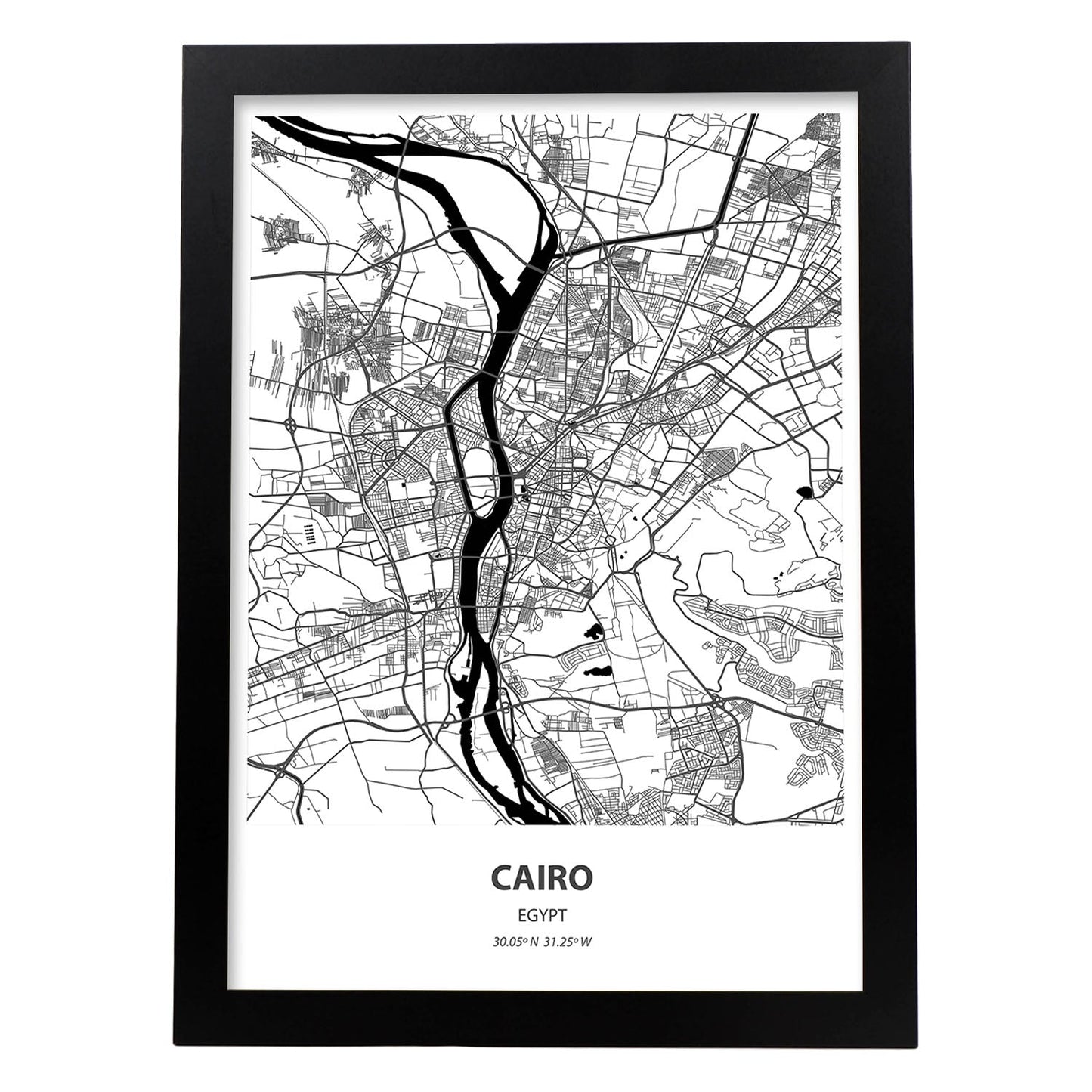 Poster con mapa de Cairo - Egipto. Láminas de ciudades de África con mares y ríos en color negro.-Artwork-Nacnic-A3-Marco Negro-Nacnic Estudio SL