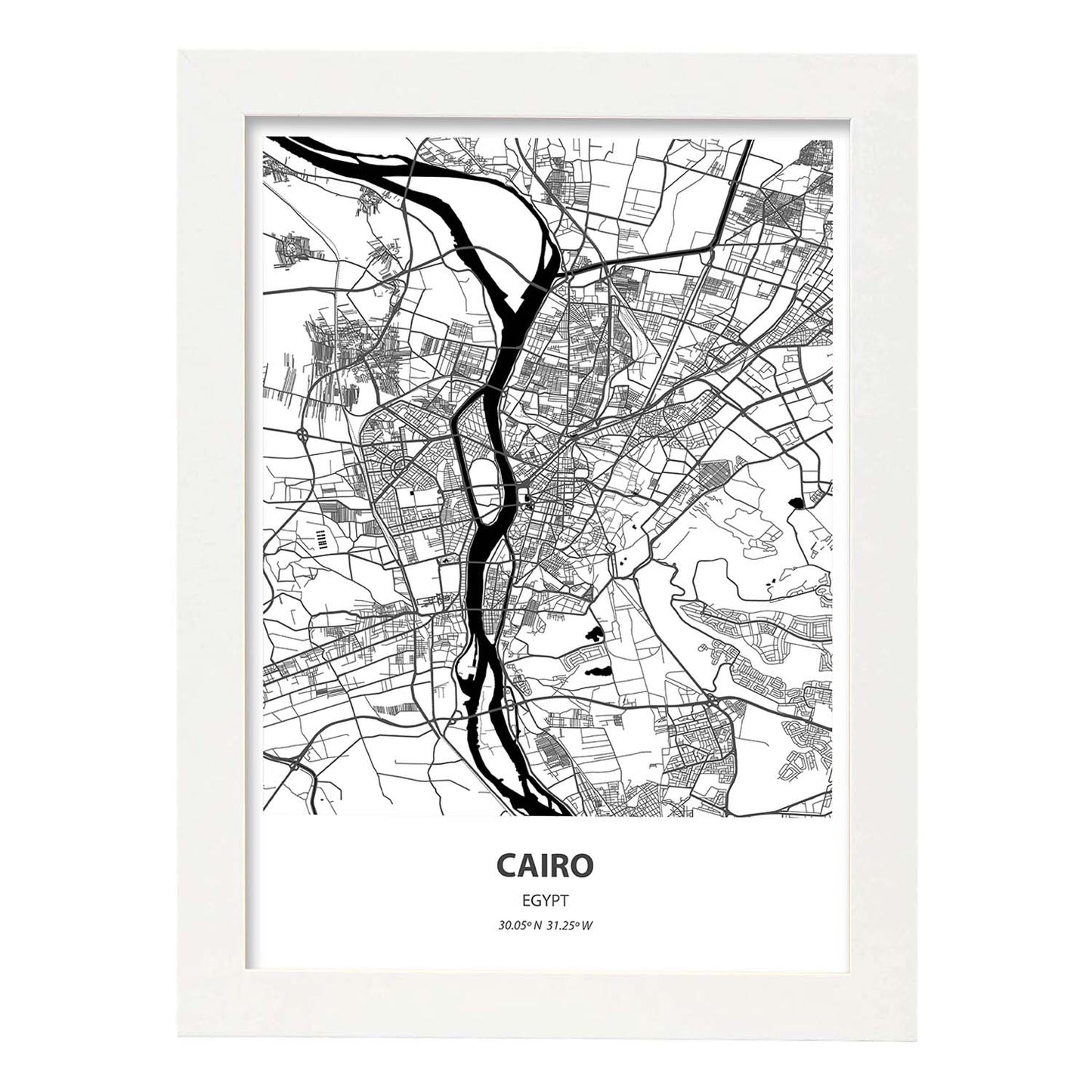 Poster con mapa de Cairo - Egipto. Láminas de ciudades de África con mares y ríos en color negro.-Artwork-Nacnic-A4-Marco Blanco-Nacnic Estudio SL
