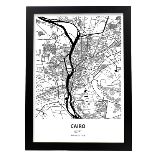 Poster con mapa de Cairo - Egipto. Láminas de ciudades de África con mares y ríos en color negro.-Artwork-Nacnic-A4-Marco Negro-Nacnic Estudio SL