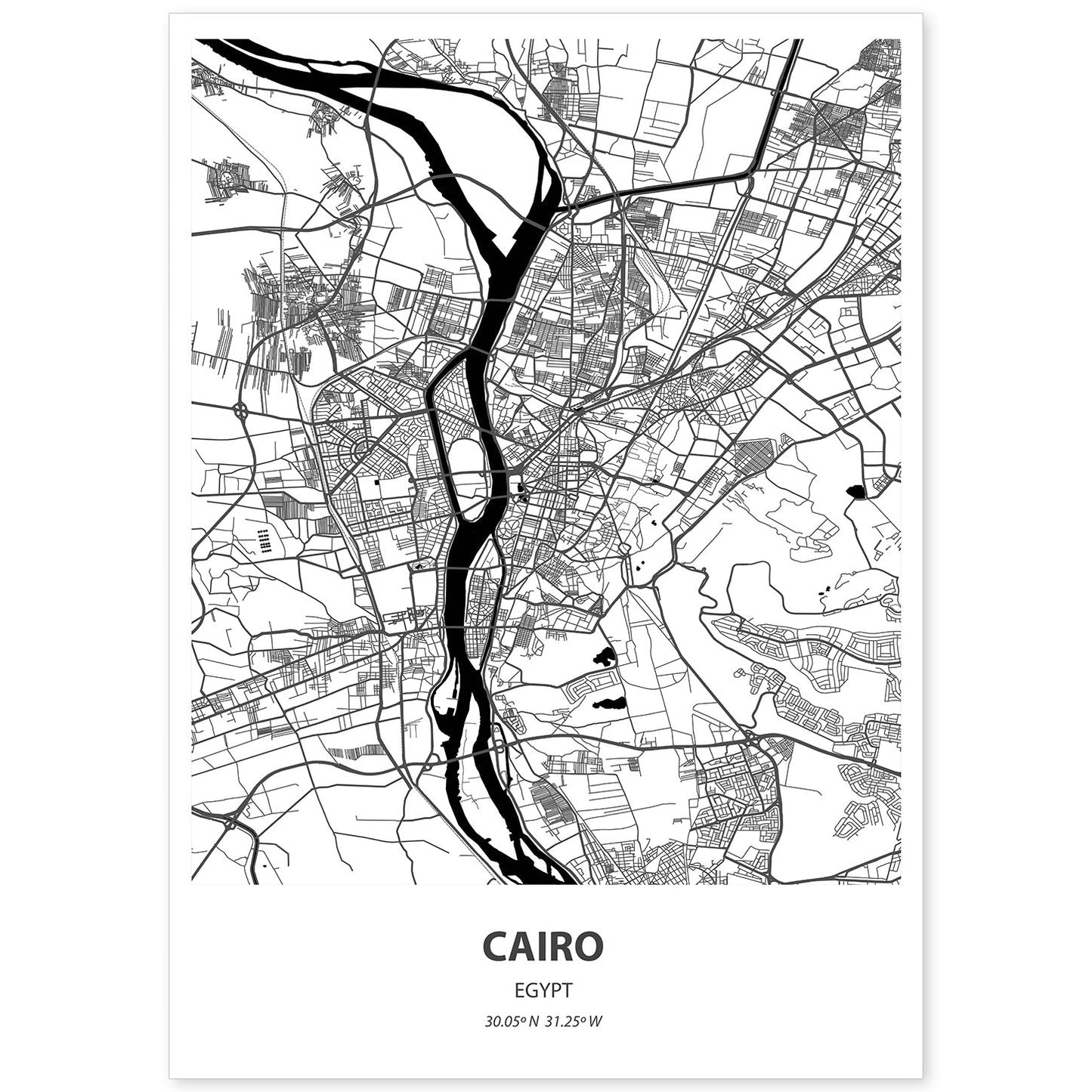 Poster con mapa de Cairo - Egipto. Láminas de ciudades de África con mares y ríos en color negro.-Artwork-Nacnic-A4-Sin marco-Nacnic Estudio SL