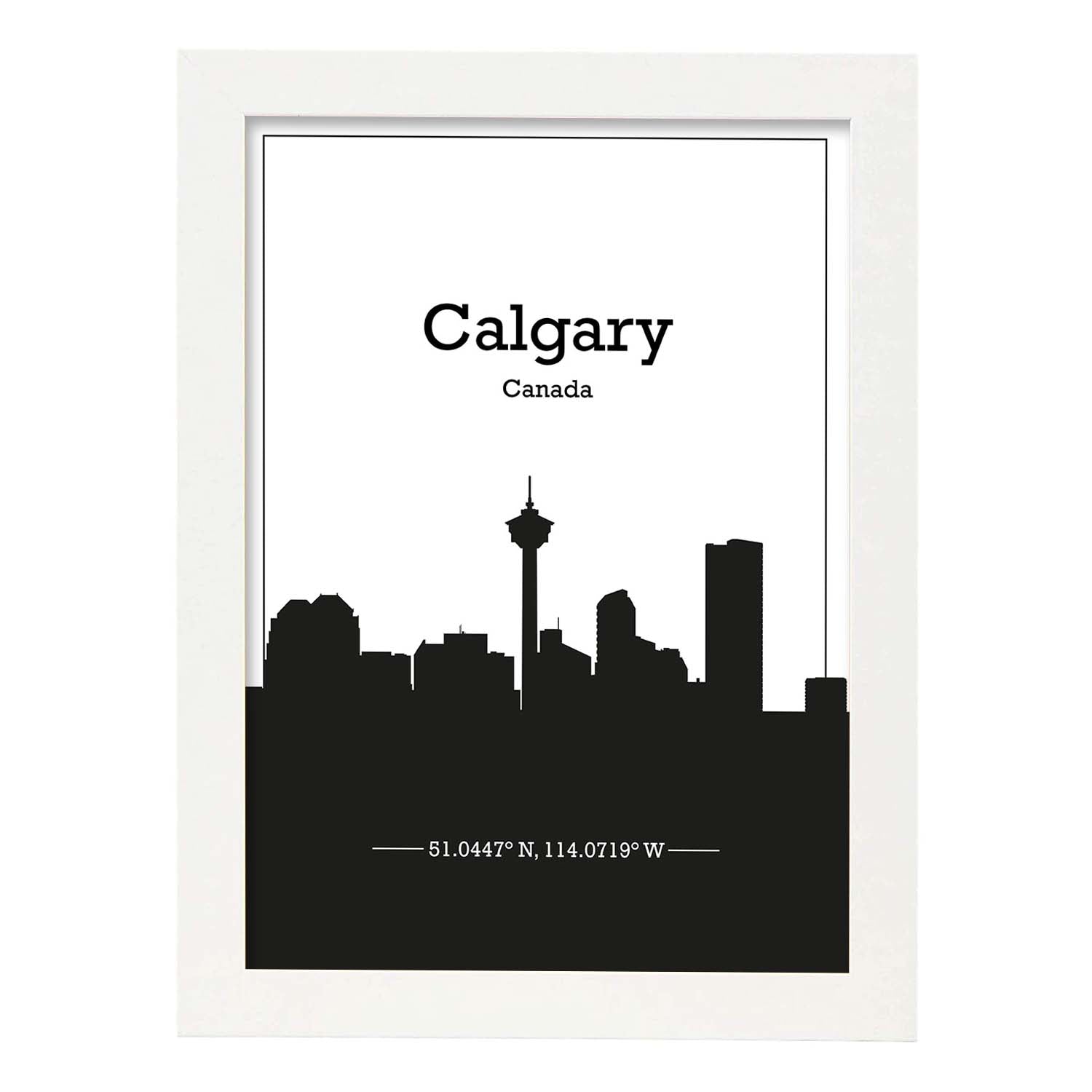 Poster con mapa de Calgary - Canada. Láminas con Skyline de ciudades de Estados Unidos, Canada, Mexico con sombra negra.-Artwork-Nacnic-A3-Marco Blanco-Nacnic Estudio SL