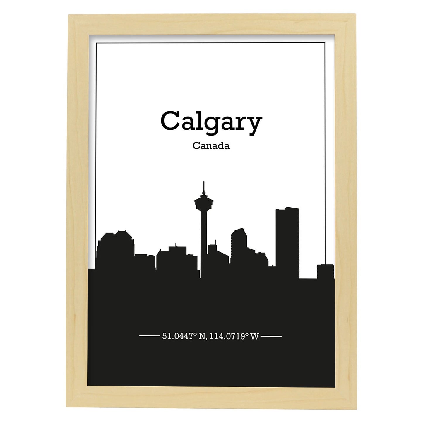 Poster con mapa de Calgary - Canada. Láminas con Skyline de ciudades de Estados Unidos, Canada, Mexico con sombra negra.-Artwork-Nacnic-A3-Marco Madera clara-Nacnic Estudio SL