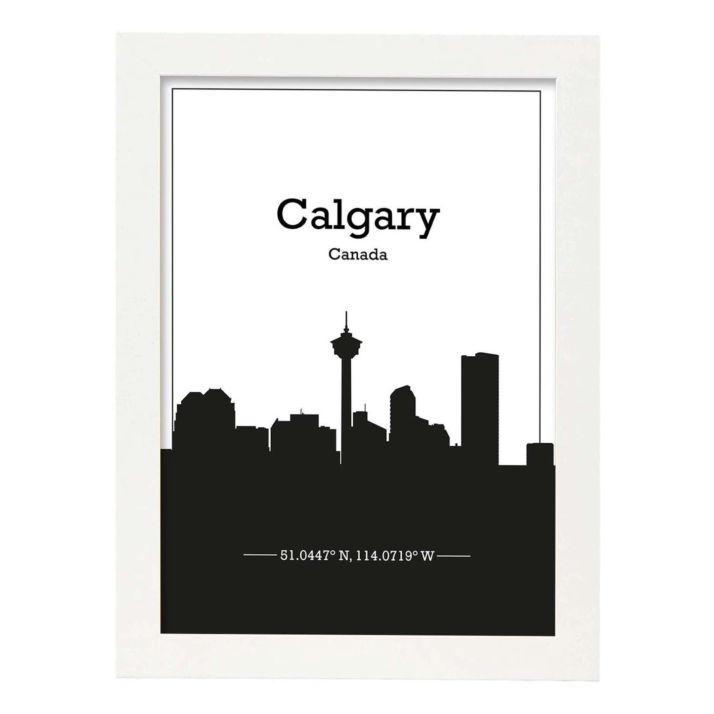 Poster con mapa de Calgary - Canada. Láminas con Skyline de ciudades de Estados Unidos, Canada, Mexico con sombra negra.-Artwork-Nacnic-A4-Marco Blanco-Nacnic Estudio SL