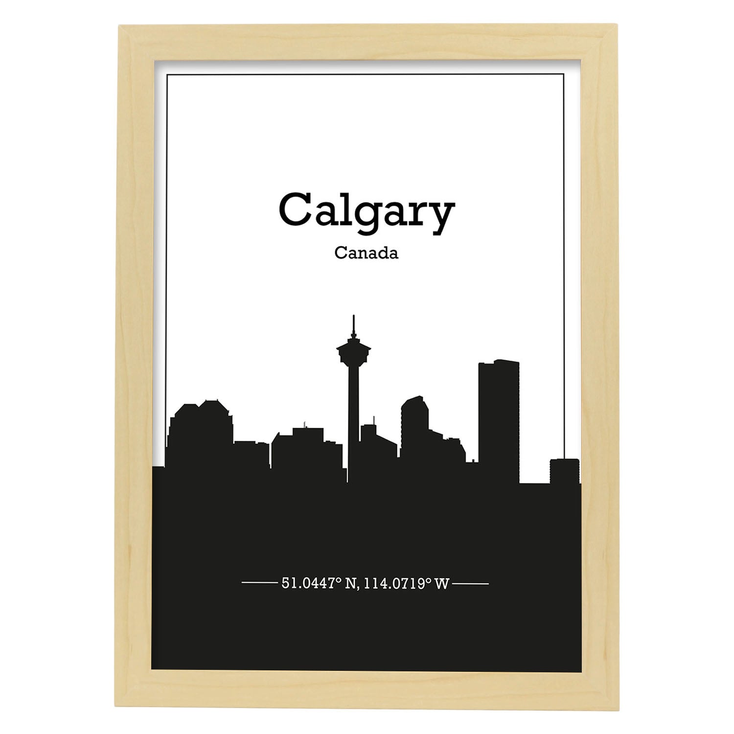 Poster con mapa de Calgary - Canada. Láminas con Skyline de ciudades de Estados Unidos, Canada, Mexico con sombra negra.-Artwork-Nacnic-A4-Marco Madera clara-Nacnic Estudio SL
