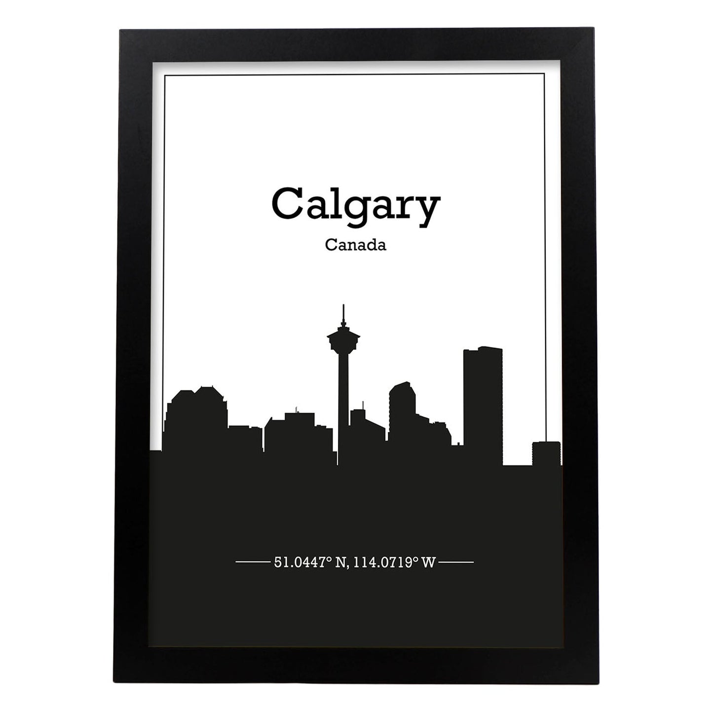Poster con mapa de Calgary - Canada. Láminas con Skyline de ciudades de Estados Unidos, Canada, Mexico con sombra negra.-Artwork-Nacnic-A4-Marco Negro-Nacnic Estudio SL