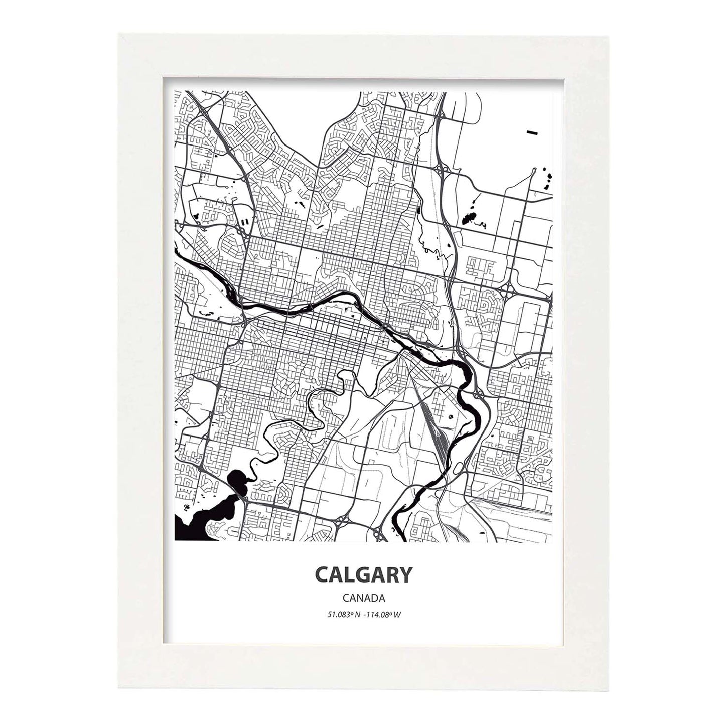 Poster con mapa de Calgary - Canada. Láminas de ciudades de Canada con mares y ríos en color negro.-Artwork-Nacnic-A3-Marco Blanco-Nacnic Estudio SL