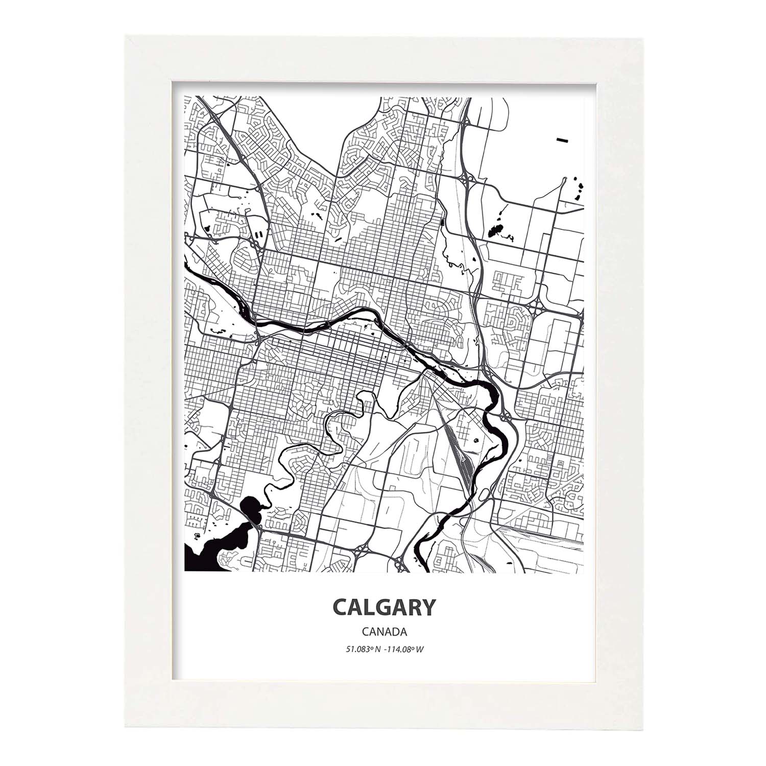 Poster con mapa de Calgary - Canada. Láminas de ciudades de Canada con mares y ríos en color negro.-Artwork-Nacnic-A3-Marco Blanco-Nacnic Estudio SL