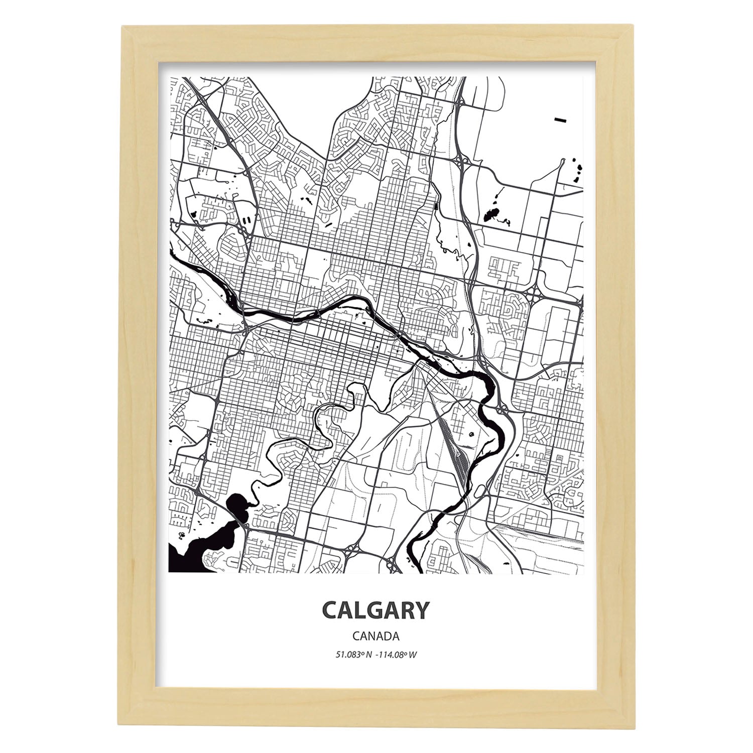 Poster con mapa de Calgary - Canada. Láminas de ciudades de Canada con mares y ríos en color negro.-Artwork-Nacnic-A4-Marco Madera clara-Nacnic Estudio SL