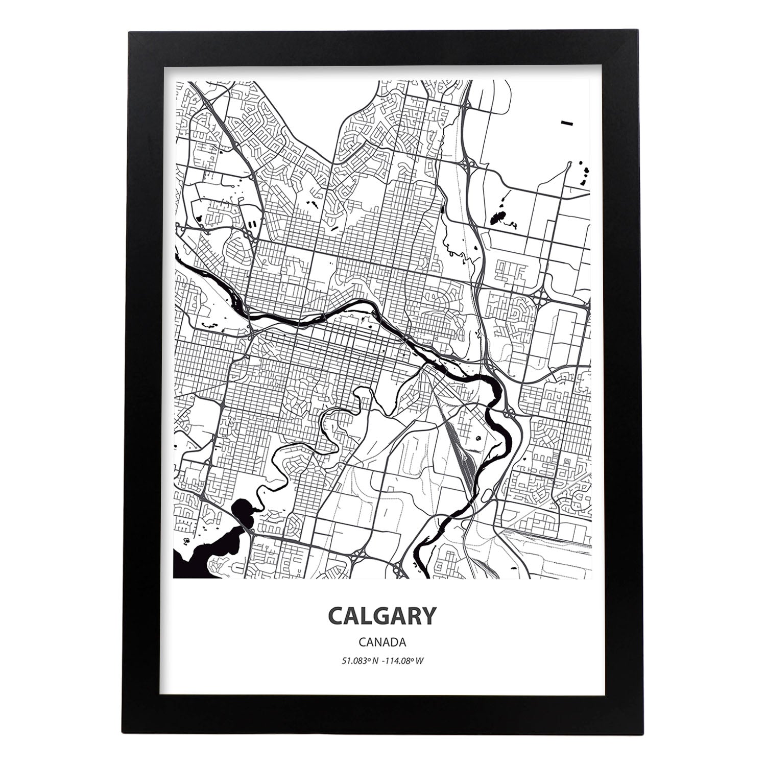 Poster con mapa de Calgary - Canada. Láminas de ciudades de Canada con mares y ríos en color negro.-Artwork-Nacnic-A4-Marco Negro-Nacnic Estudio SL