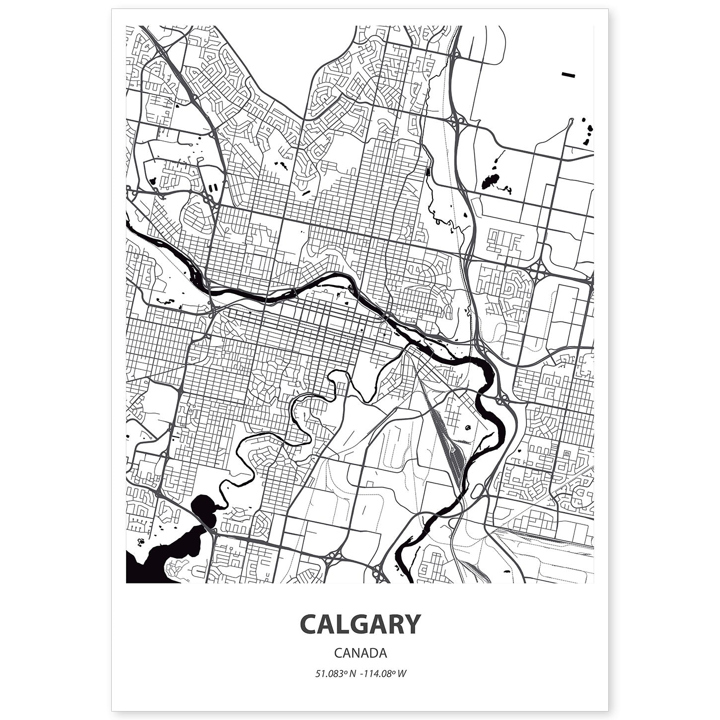 Poster con mapa de Calgary - Canada. Láminas de ciudades de Canada con mares y ríos en color negro.-Artwork-Nacnic-A4-Sin marco-Nacnic Estudio SL