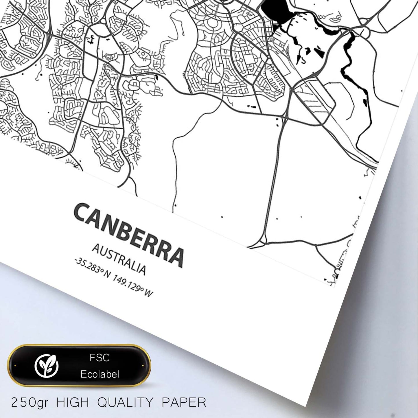 Poster con mapa de Camberra - Australia. Láminas de ciudades de Australia con mares y ríos en color negro.-Artwork-Nacnic-Nacnic Estudio SL