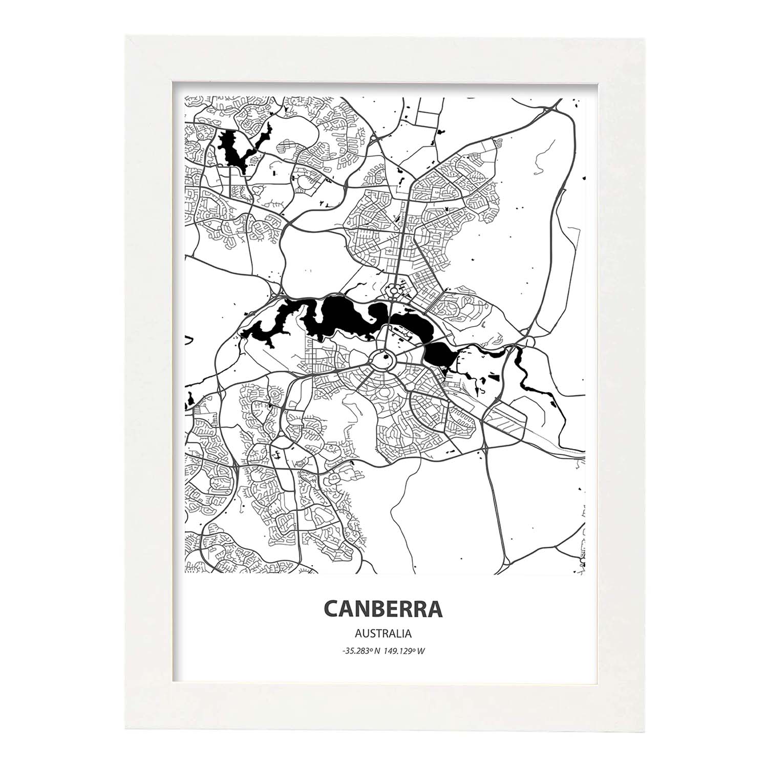 Poster con mapa de Camberra - Australia. Láminas de ciudades de Australia con mares y ríos en color negro.-Artwork-Nacnic-A3-Marco Blanco-Nacnic Estudio SL